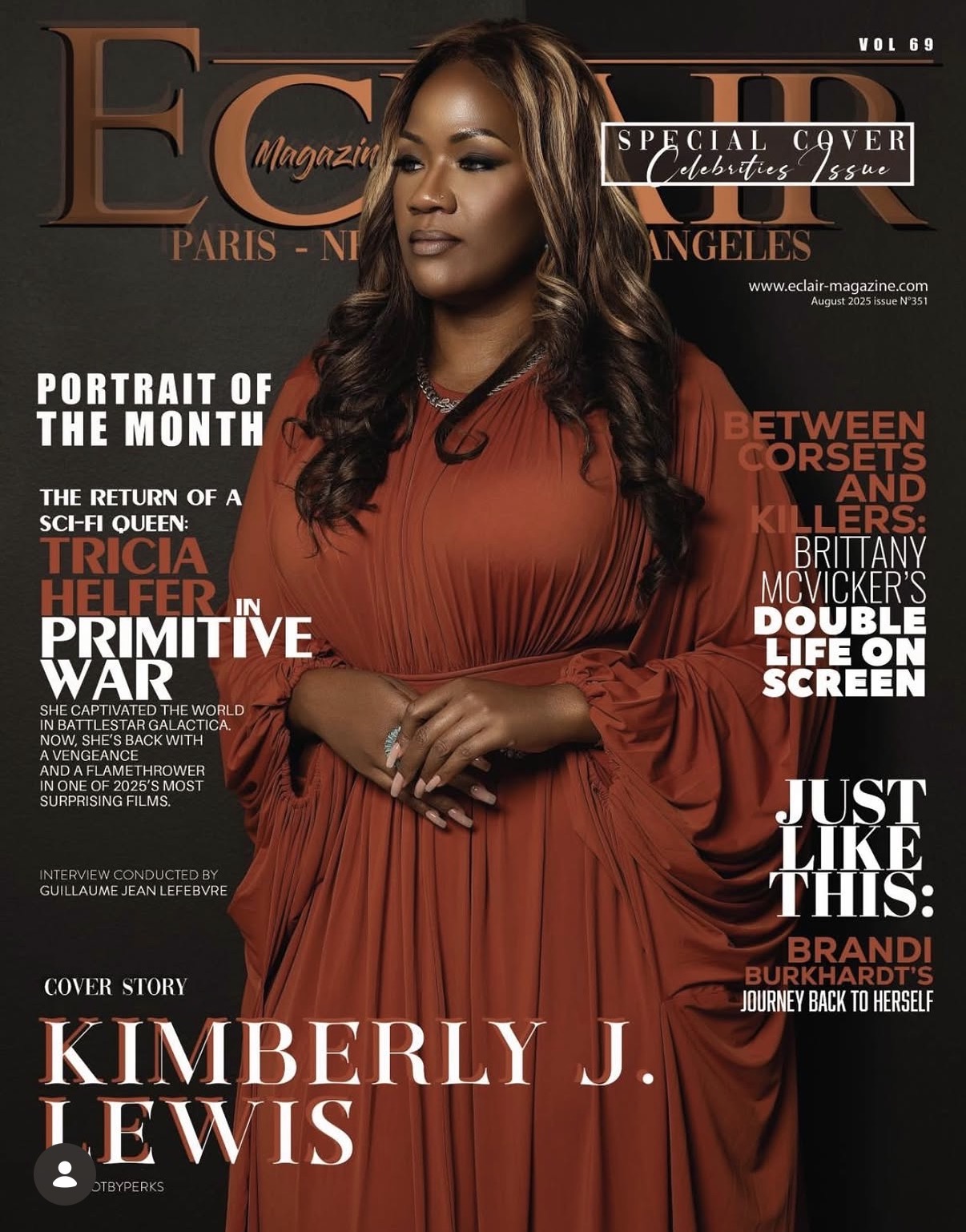 Eclair Magazine Volume 69 cover featuring Kimberly J. Lewis in an orange dress